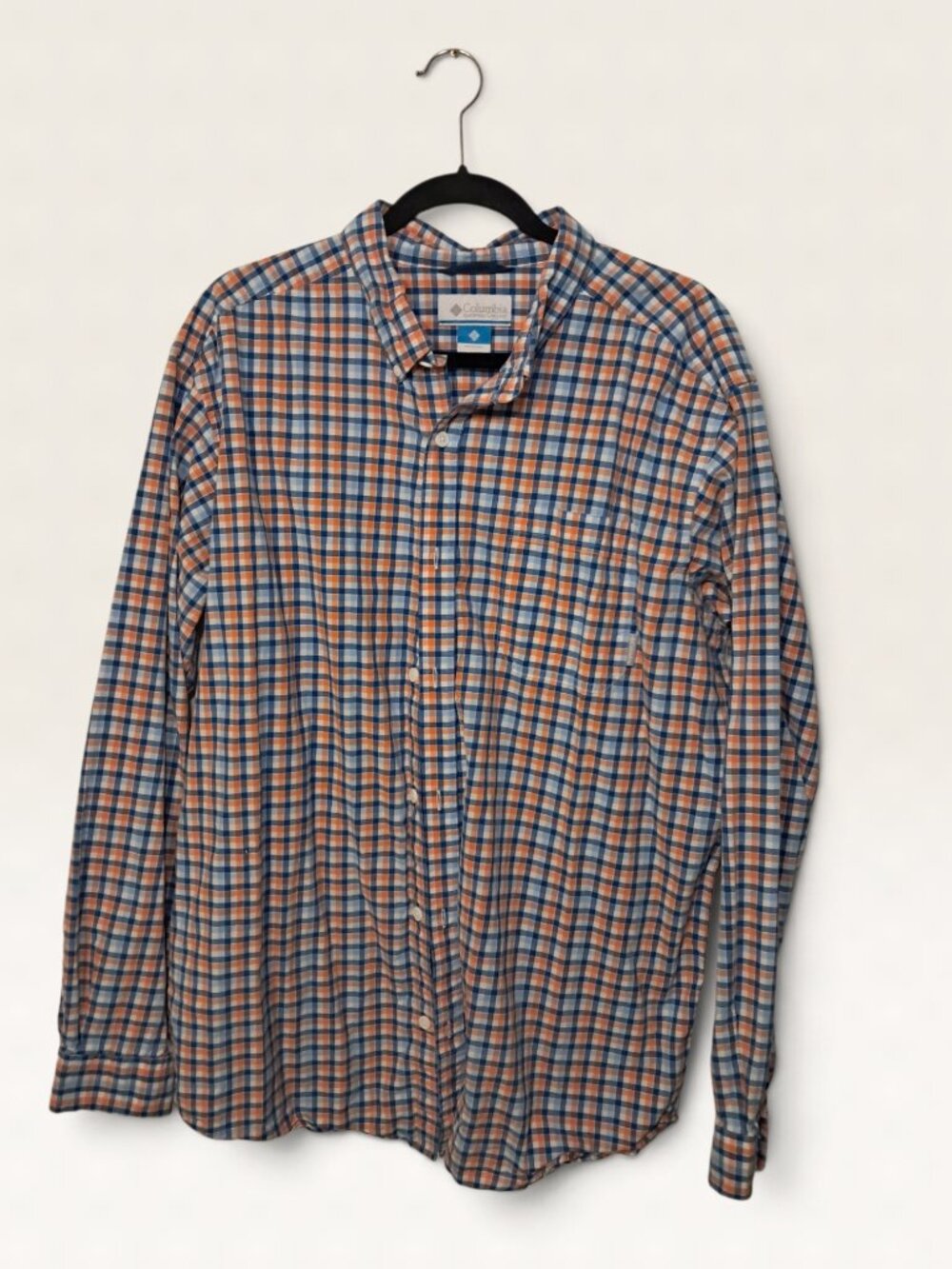 Columbia Mens XL Blue & Orange Plaid Long Sleeve Button Down Shirt